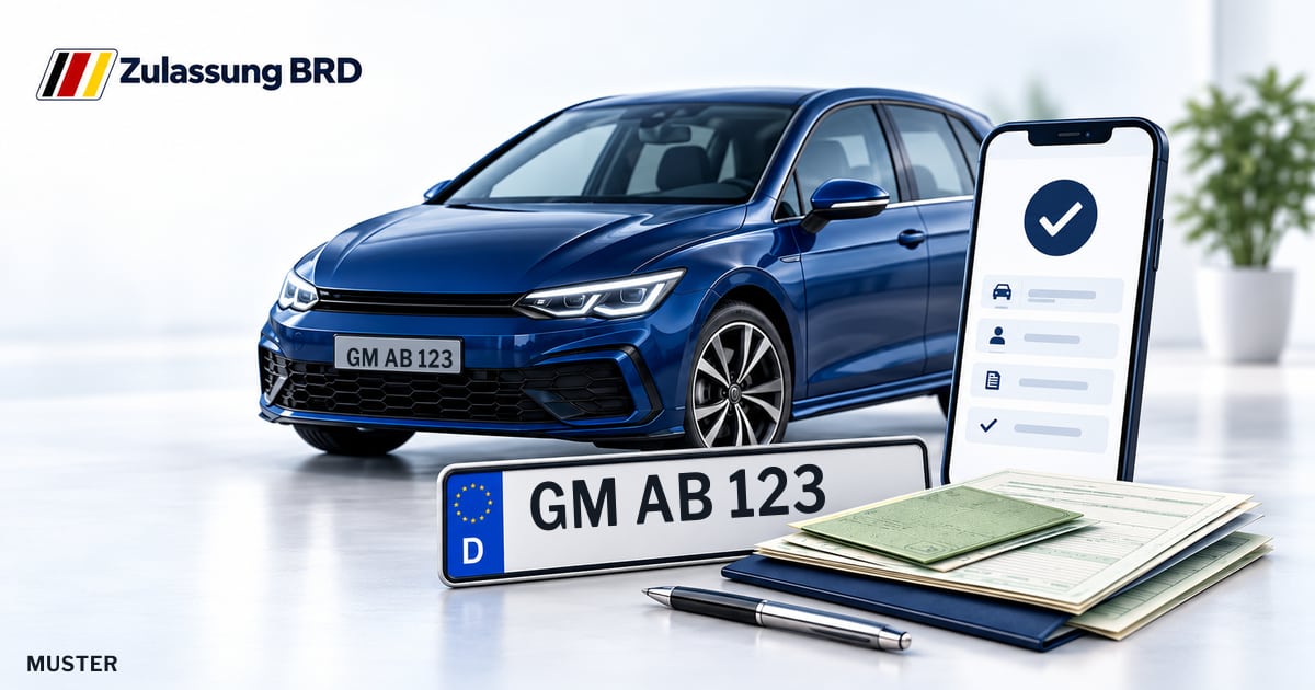 Online Fahrzeugzulassung in Radevormwald: Musterkennzeichen GM AB 123, Auto und Fahrzeugpapiere und Smartphone. Illustration mit Logo von Zulassung BRD.
